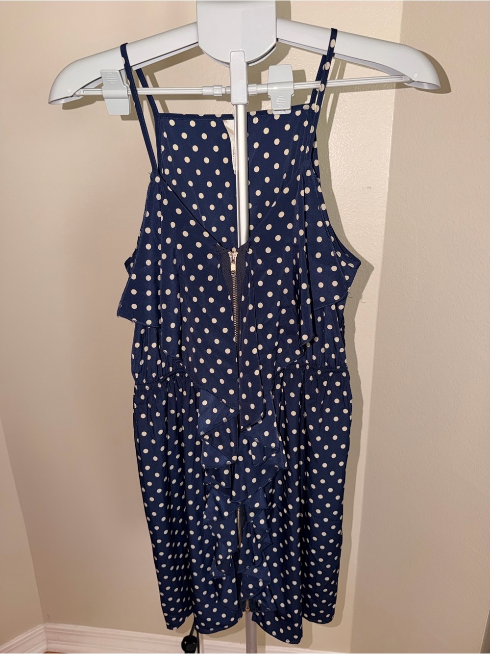 Hello Miss Navy White Polka Dot Ruffle Zip Front Dress L Retro Pinup - Picture 2 of 7